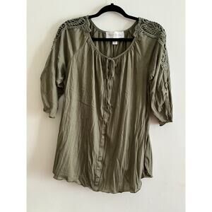 French Laundry Large Olive Green Shirt with lace,decor- buttons